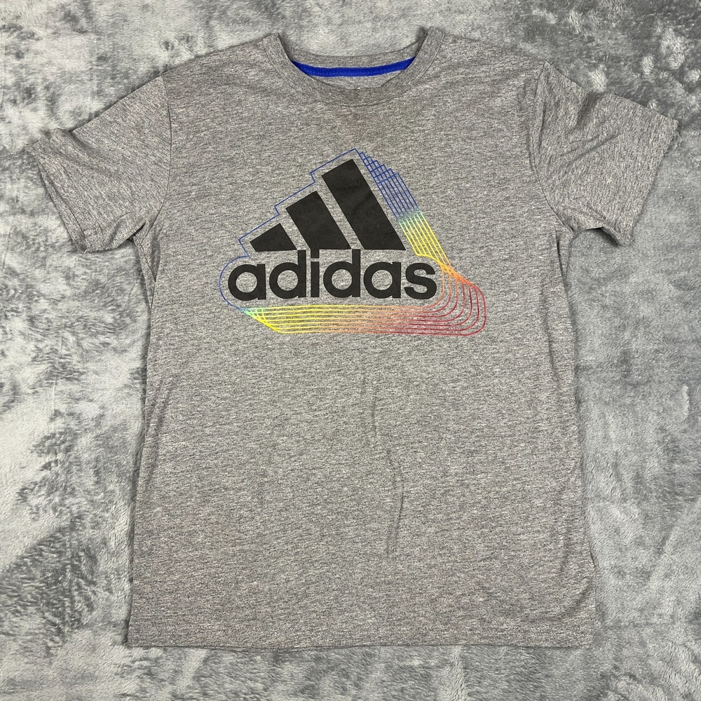 Adidas T Shirt Youth Large Heathered Gray Rainbow Gradient Graphic Short Sleeve